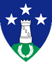 Caer Anterth Mawr - Blazon: Azure, a tower between three mullets one and two argent and issuant from a trimount vert charged with a laurel wreath argent.