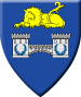Rockwall (Disbanded) - Blazon: Azure, a single arched bridge argent, each tower charged with a laurel wreath azure, in chief a lion dormant Or