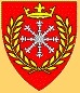 Æthelmearc - Blazon: Gules, an escarbuncle argent within a laurel wreath and in chief a coronet Or