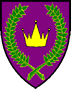 East - Blazon: Purpure, within a laurel wreath vert fimbriated Or, an eastern crown of three grand points tipped with pearls and two lesser points, all Or