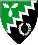 Shattered Oak (Inactive) - Blazon: Per bend sinister vert and sable, a bend sinister dancetty between three oak leaves conjoined in pall stems inwards and a laurel wreath argent