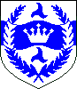 Trimaris - Blazon: Argent, on a fess wavy between two triskeles azure a crown of five points, each point tipped with a mullet, argent, between overall a laurel wreath counterchanged
