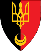 Device:  Per pale sable and gules, a Ukrainian trident head and in base a crescent Or.