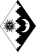Device: Per pale embattled grady argent and sable, a sun in his splendor and an increscent counterchanged.
