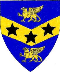 Device: Azure, on a chevron inverted between two griffins passant Or three mullets sable.
Per bend sinister argent and sable, a bend sinister vert between a mullet azure and a griffin passant Or.
