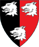 Device: Per pale gules and sable, three wolves heads erased contourny argent
