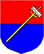 Device: Per fess gules and azure, a trident bendwise sinister Or transfixing a closed scroll bendwise argent.