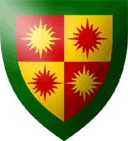 Device: Quarterly gules and Or four compass suns counterchanged.  
On a canton sable a silver ring (not shown).