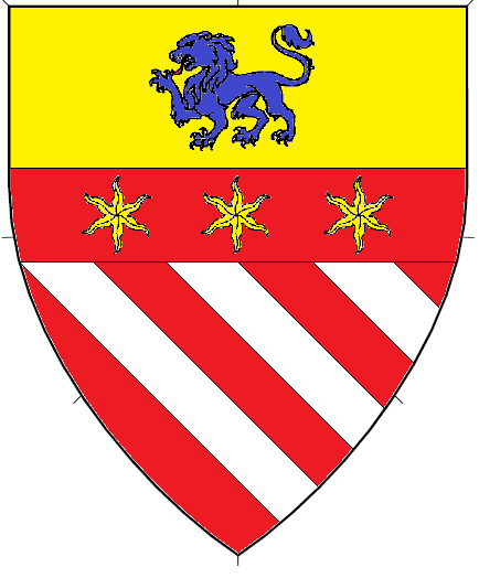 Device: <In Process>
Per fess Or and bendy argent and gules, on a fess gules below in chief a lion passant azure three estoiles Or