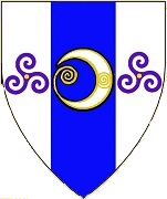 Device: Argent, on a pale azure between two triskelions of spirals purpure, an increscent argent, as an augmentation in base a quill or