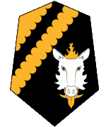 Device: Per bend sinister engrailed Or and Sable, in chief a bend sinister engrailed Sable and in base a boar's head cabossed argent armed and maned Or