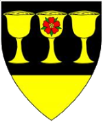 Device: Sable, in fess three goblets Or, the center goblet charged with a rose proper, a base Or