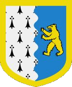 Device: per pale wavy ermine and azure  a bordure or  in sinister flank a bear rampant  or