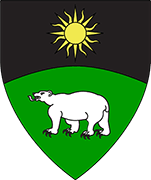 Device: Per fess enarched sable and vert, a sun Or and a bear statant argent.