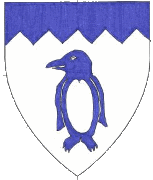 Device: Argent, a penguin affronty head to dexter azure, bellied argent, a chief indented azure.