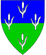 Device: Per fess azure and vert, in cross four bulrushes slipped and leaved argent