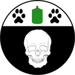 Device: Per pale wavy sable and argent, a nude woman and a cat sejant counterchanged, on a chief vert three pawprints argent.

Badge:
Sable, a skull and on a chief argent an apothecary jar vert between two paw prints sable.