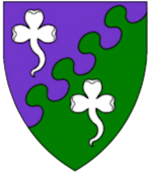 Device: Per bend sinister nebuly purpura and vert, two trefoils slipped argent.
