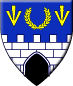 Rockhaven - Blazon: Azure, a wall argent masoned pierced of a portal sable, in chief a laurel wreath between two pheons Or