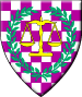 Wynandremer (dormant) - Blazon: Checky purpure and argent, a standing balance Or within a laurel wreath ver