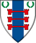 Dreibrucken - Blazon: Argent, a pale azure, in pale over all three single-arched bridges gules, in chief two laurel wreaths vert