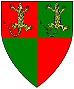 Device: Quarterly gules and vert, two lizards in chief tergiant Or. 

This device was approved in 2013.