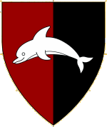 Device: Per pale, gules and sable a dolphin proper