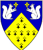 Device: Per chevron azure and erminois, in 
chief two squirrels respectant argent each maintaining a quatrefoil slipped Or.