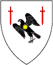 Device: Argent, on a falcon volant to dexter chief sable between in chief two swords inverted gules a mullet of eight points Or.
