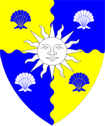 Device: Quarterly wavy Or and azure, a sun in his splendor argent between four escallops inverted counterchanged.