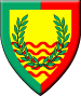 Rudivale - Blazon: Per fess wavy Or and barry wavy gules and Or, a laurel wreath vert and a bordure per pale vert and gules