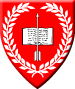 Svatý Sebesta - Blazon: Gules, an open book surmounted by an arrow inverted, all within a laurel wreath argent