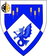 Device: Per chevron azure semy of rye stalks Or, and argent, a sea dragon azure and a bordure counterchanged 