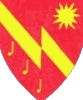 Device: Gules, a bend bevilled between a sun and three musical notes Or.
