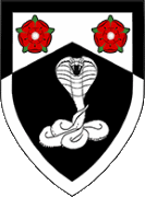 Device: Per chevron argent and sable, two roses gules and a cobra affronty erect argent within a bordure counterchanged. (Registered and approved, 1990)