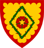 Device: Or, a rose gules, barbed vert, seeded of a mullet Or, within four rose stems conjoined in mascle vert, thorned gules, all within a bordure engrailed gules
