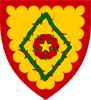 Device: Or, a rose gules, barbed vert, seeded of a mullet Or, within four rose stems conjoined in mascle vert, thorned gules, all within a bordure engrailed gules
