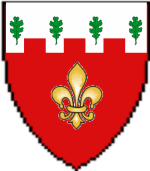 Device: Gules, a fleur-de-lys or, and a chief embattled argent with four oak leaves vert