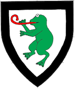 Device: Argent, a frog rampant vert within a bordure sable.