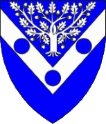 Device: Azure, on a chevron inverted argent three hurts and in chief an oak tree argent.