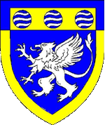Device: Azure, a gryphon segreant argent and on a chief Or three fountains, overall a bordure counterchanged