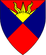 Device: Per saltire gules and azure, a demisun issuant from the lines of division.
