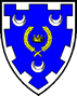 Caid - Blazon: Azure, a crown within a laurel wreath Or, between three crescents within a bordure embattled argent