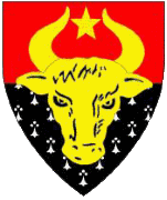 Device: Per fess gules and counter-ermine, an auroch's head cabossed and in chief a mullet Or