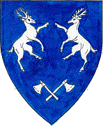 Device: Azure, two stags combatant argent, in base two axes salient argent.