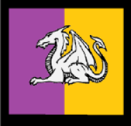 Device: Per pale purpure and Or, a dragon couchant argent and a bordure sable.