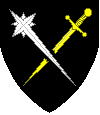 Device: Sable, in Saltire, a Comet Argent, and a broken Sword Or.