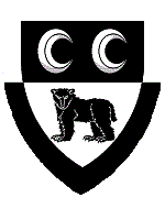 Device: Per fess sable and argent, two decrescents and a bear stantant gaurdant within a bordure all counterchanged