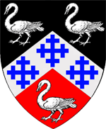 Device: Per chevron sable and gules, on a chevron between three swans close argent three crosses crosslet azure.