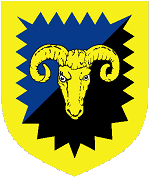 Device: Per bend sinister azure and sable, a ram's head cabossed within a bordure indented Or